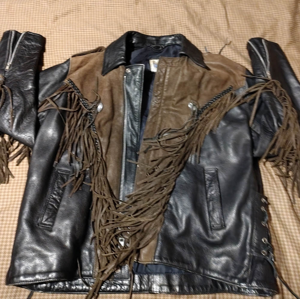 Mens black leather motorcycle jacket w/ brown Suede Fringe Sz-3X Made n Pakistan